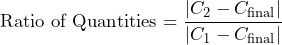 \[ \text{Ratio of Quantities} = \frac{|C_2 - C_{\text{final}}|}{|C_1 - C_{\text{final}}|} \]