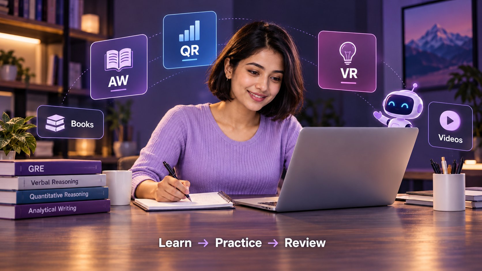 Short-haired GRE student studying with AW, QR, VR, AI, books and videos; Learn, Practice and Review written on the study desk.