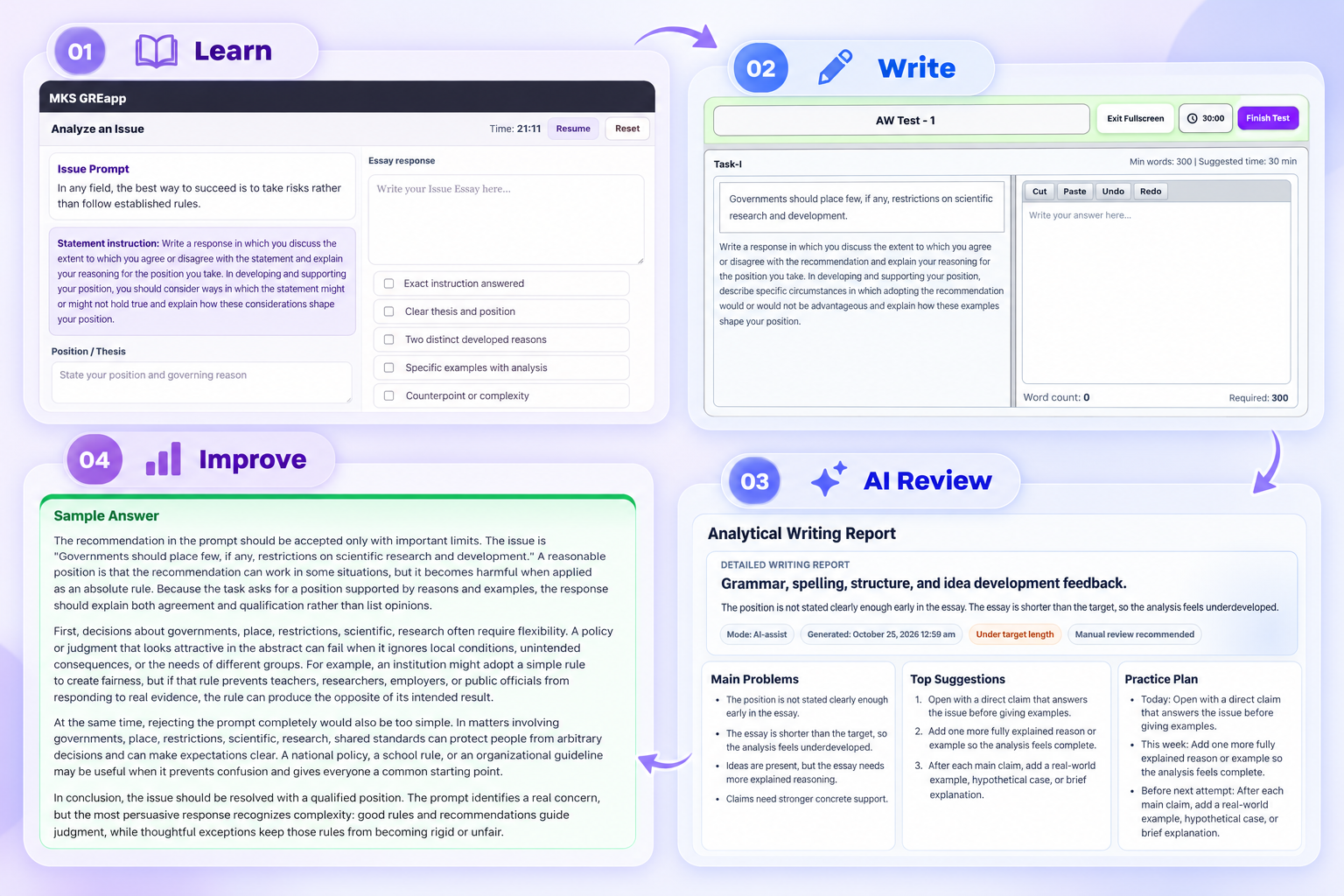 GRE Analytical Writing self-study workflow: guided lessons, timed essay writing, AI review, and sample-answer improvement