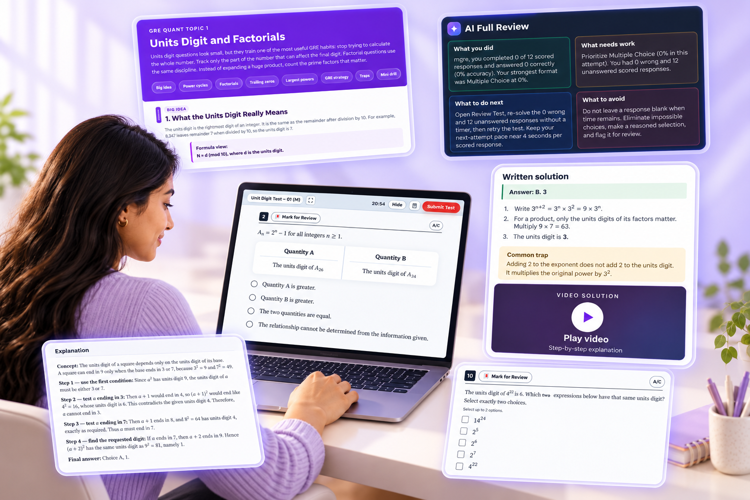GRE Quantitative self-study: student using a timed test, concept lessons, written and video solutions, AI review, and answer explanations