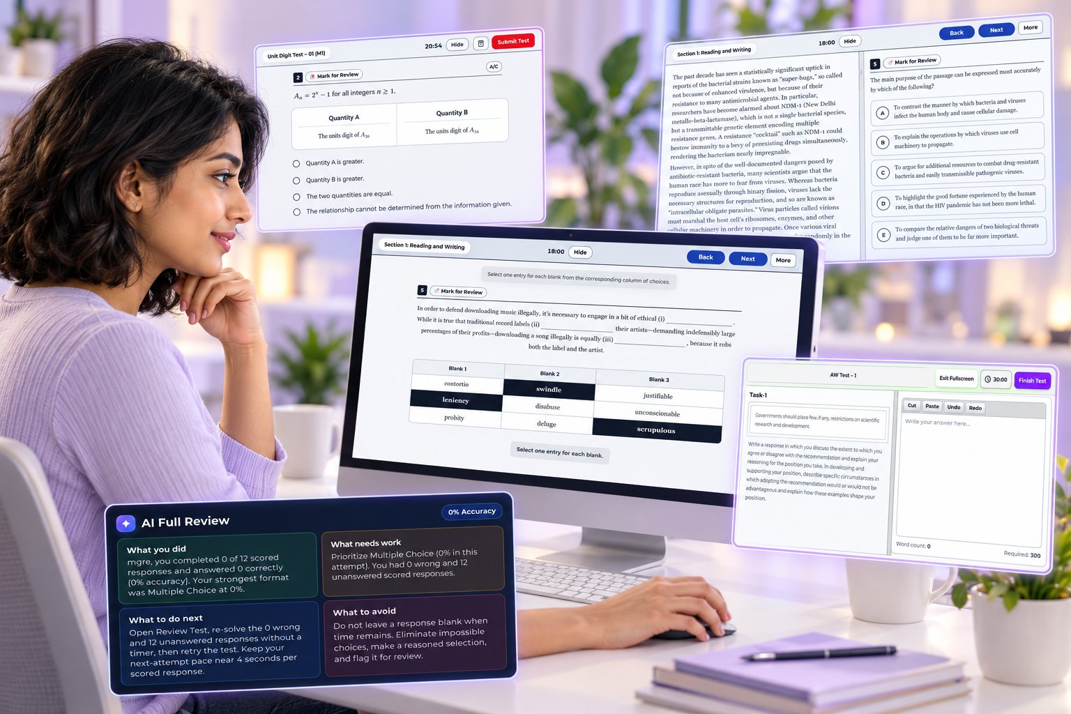 GRE test preparation: student taking a Text Completion test with Quantitative, Reading Comprehension, Analytical Writing, and AI review screens