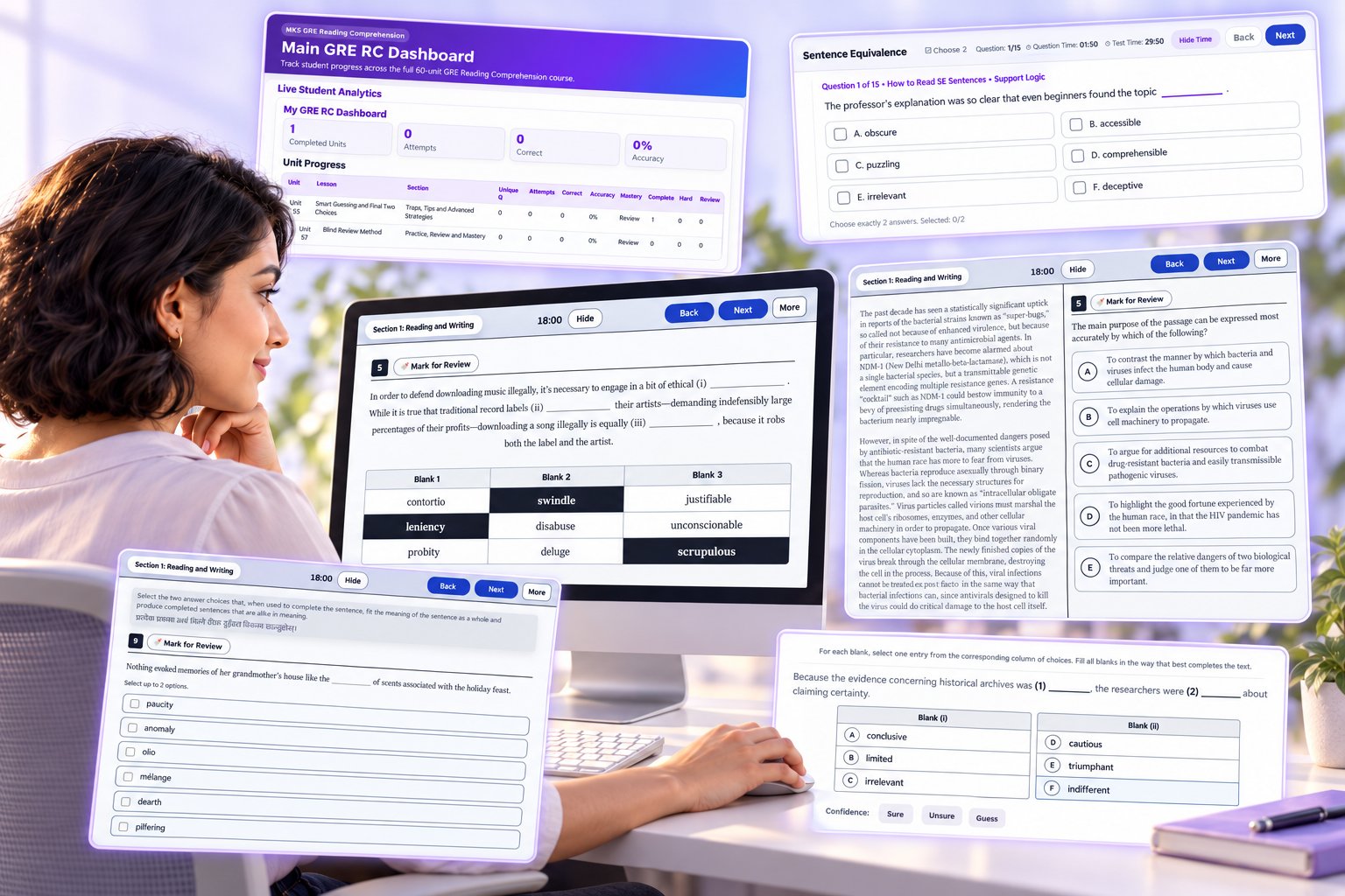GRE Verbal self-study: Text Completion on a computer screen, Reading Comprehension, Sentence Equivalence, lesson practice, and course dashboard